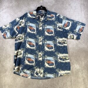 Keeler Bay Button Up Shirt Men XL Hawaiian Woody Station Wagon Palm‎ Tree Aloha